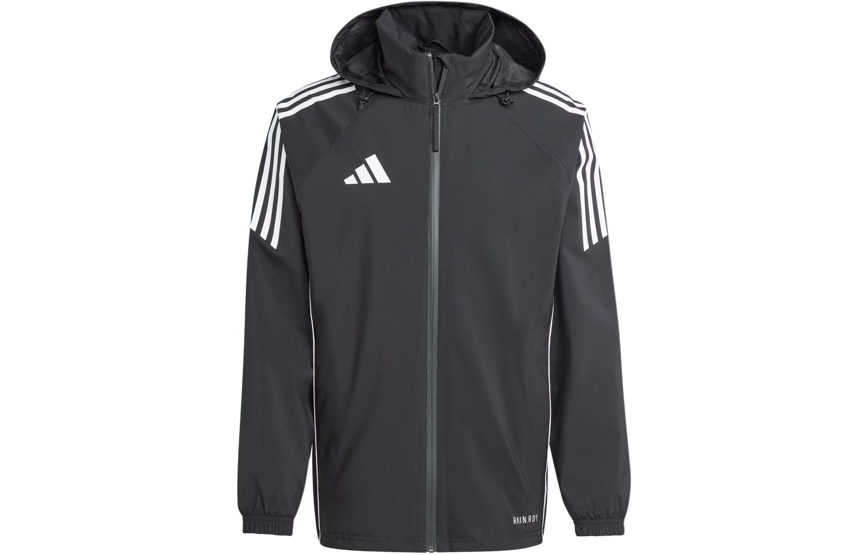 adidas Tiro 24 Rain Jacket Black Tri-Stripe Hooded Long Sleeve Jacket IJ7390