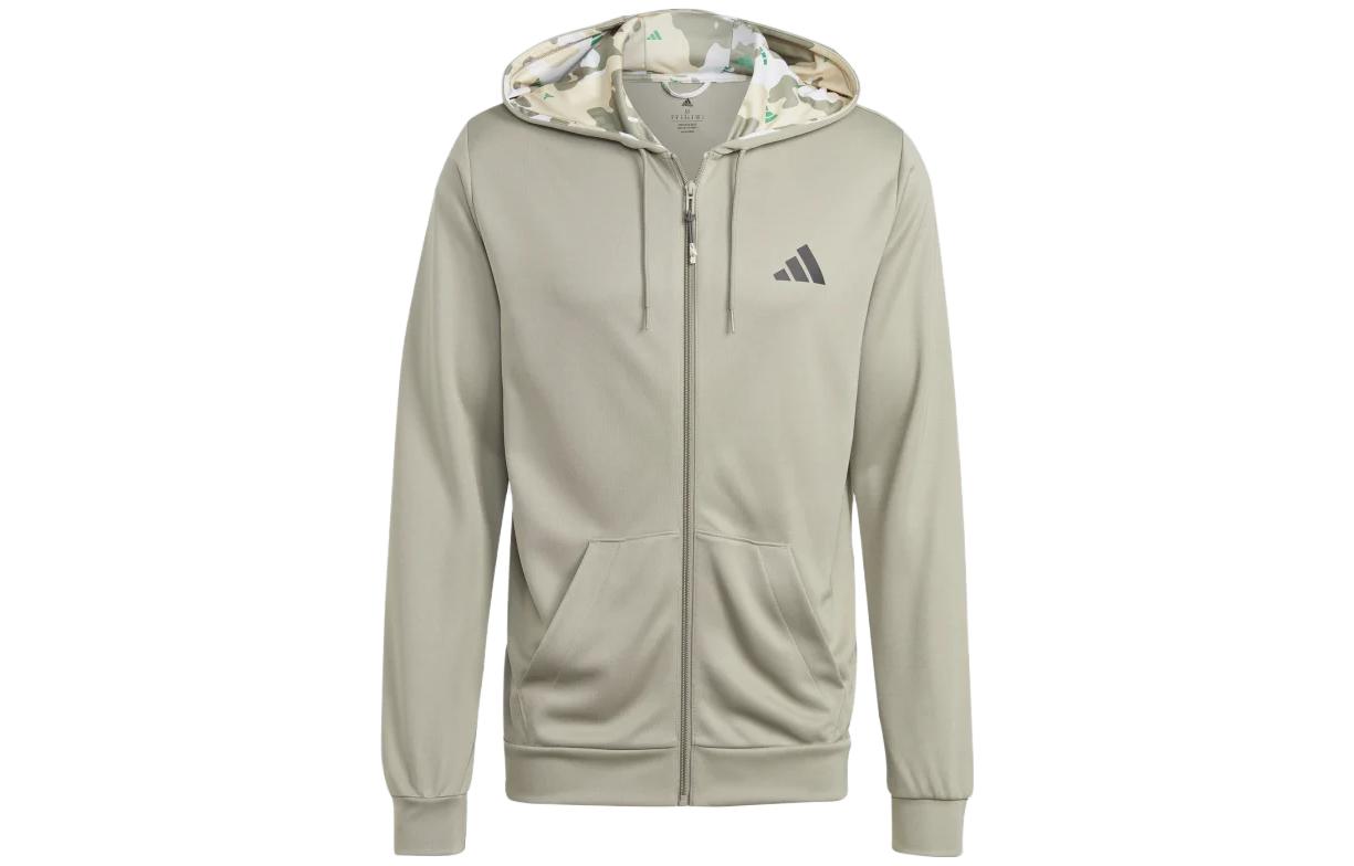 adidas Train Essentials Full-Zip Hoodie Jacket Green Grey Casual Logo Design IB8140