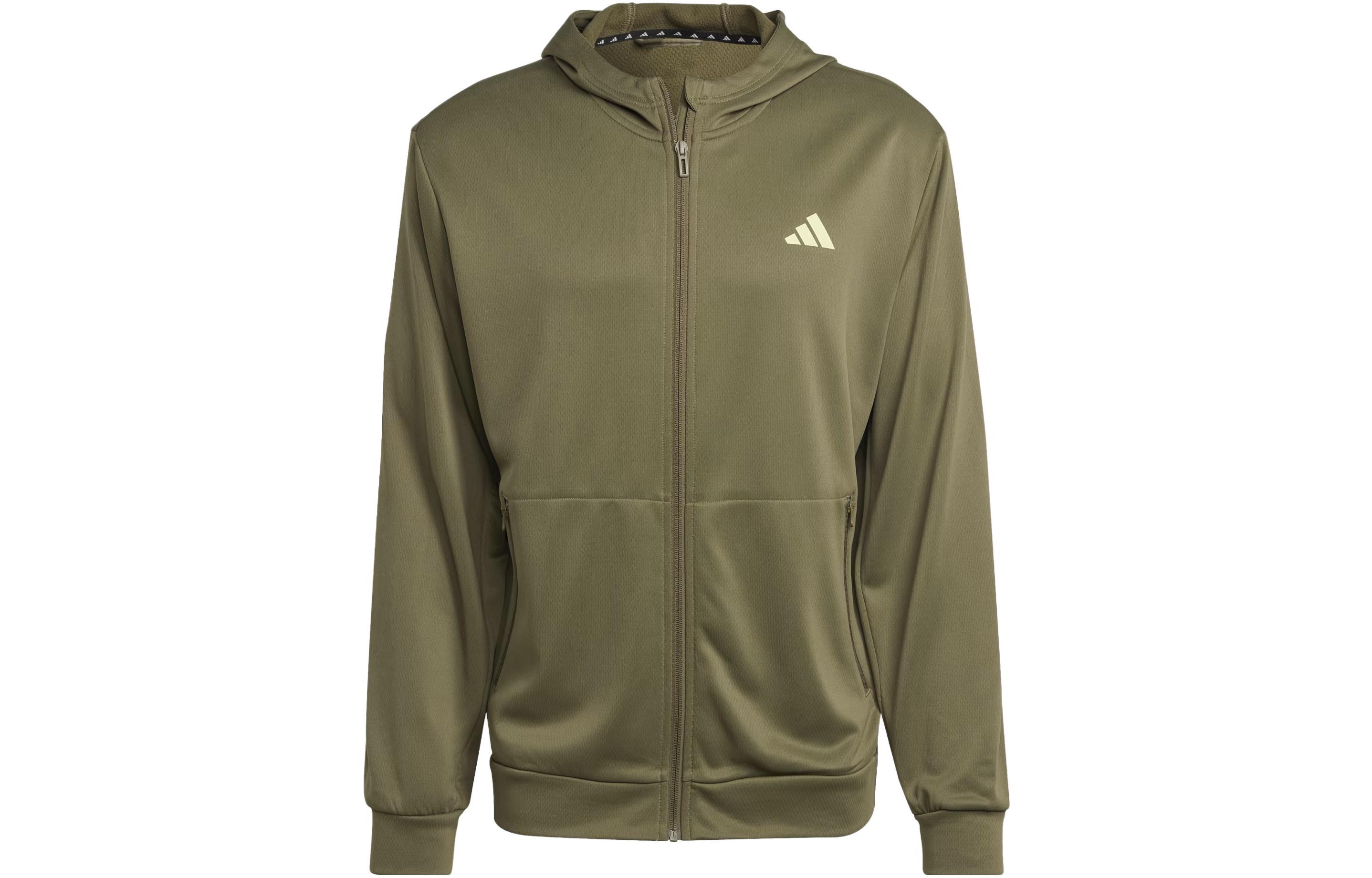 adidas Train Essentials Olive Green Full-Zip Hoodie 3-Stripes Logo Design IJ9613