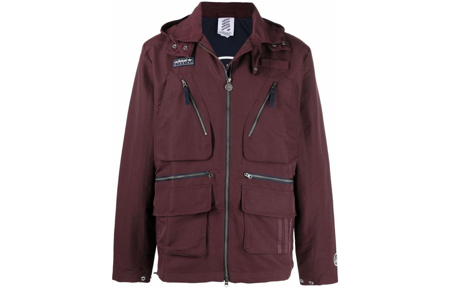 adidas Trefoil Logo Multi-Pocket Zip Hoodie Jacket Men’s Maroon Red H56668