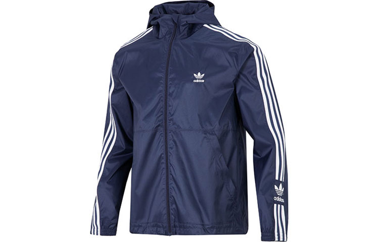 adidas Trefoil Logo Striped Woven Hooded Jacket Navy Blue - Casual Sportswear HC2007