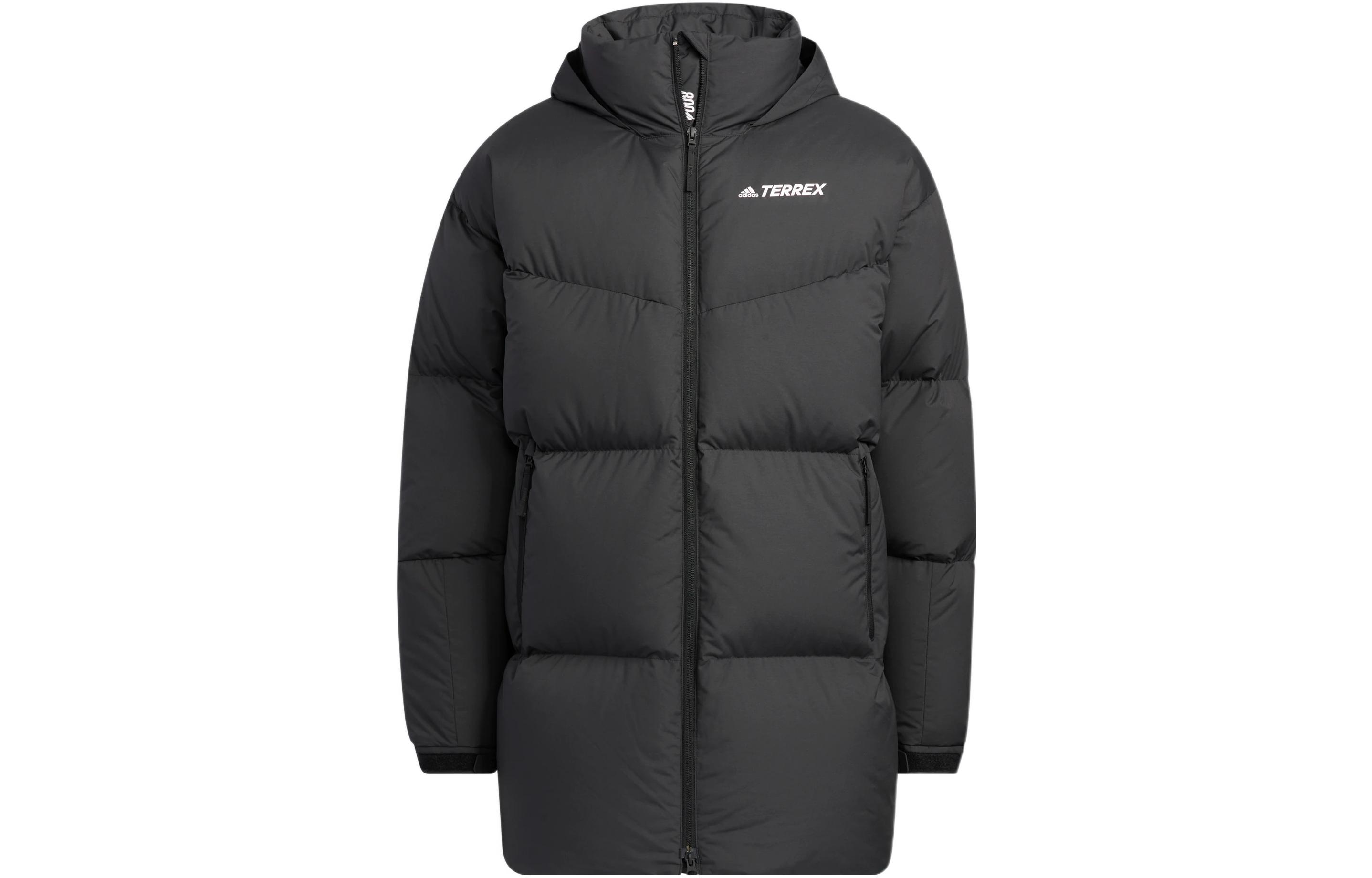 adidas Unisex Solid Black Hooded Logo Print Puffer Jacket. HM9706