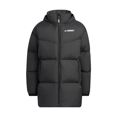 adidas Unisex Solid Black Hooded Logo Print Puffer Jacket. HM9706
