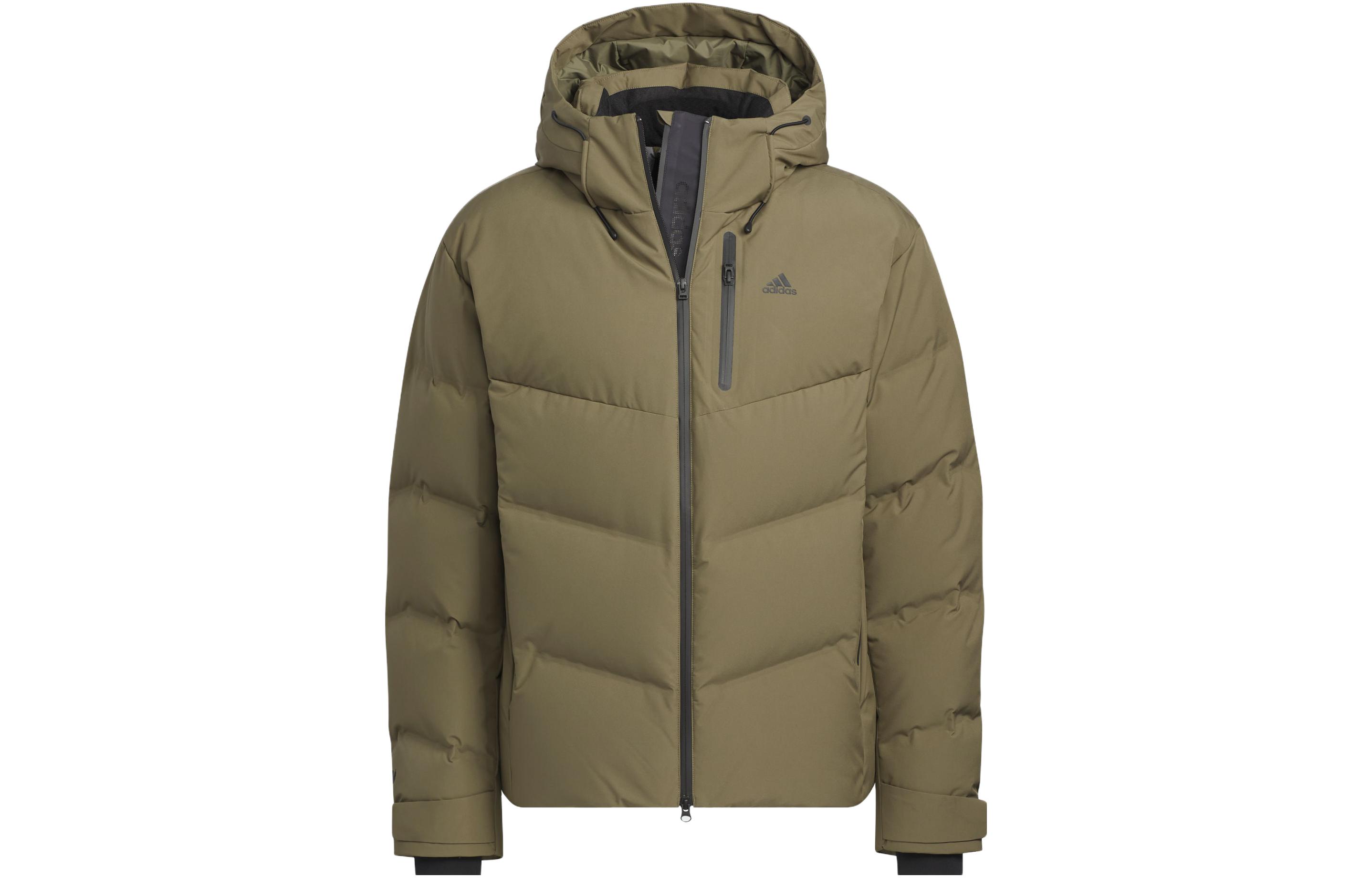 adidas Unisex Solid Olive Green Hooded Puffer Jacket Casual Sportswear IW0783