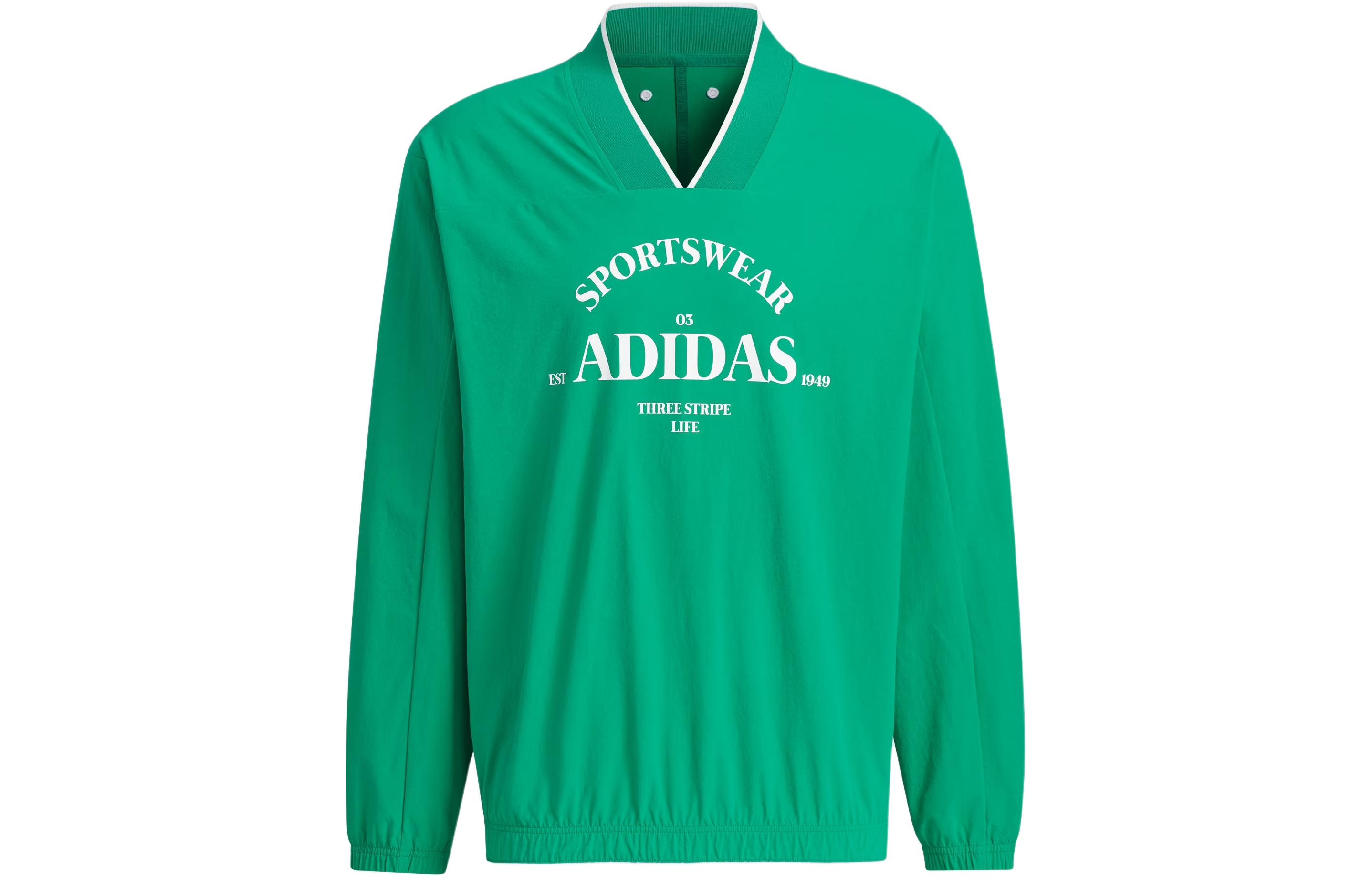 adidas Verbiage Woven V-Neck Sweatshirt Smoke Green Retro Casual Pullover JE3668