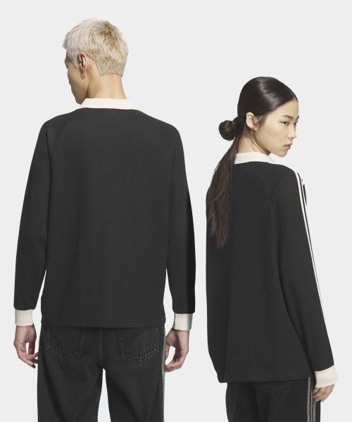 Lookbook adidas 華夫格長袖翻領T恤 - 黑色 KQ6866