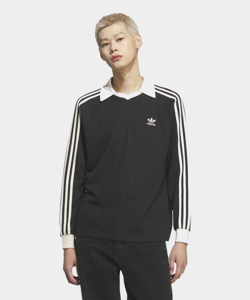 Shop adidas 華夫格長袖翻領T恤 - 黑色 KQ6866