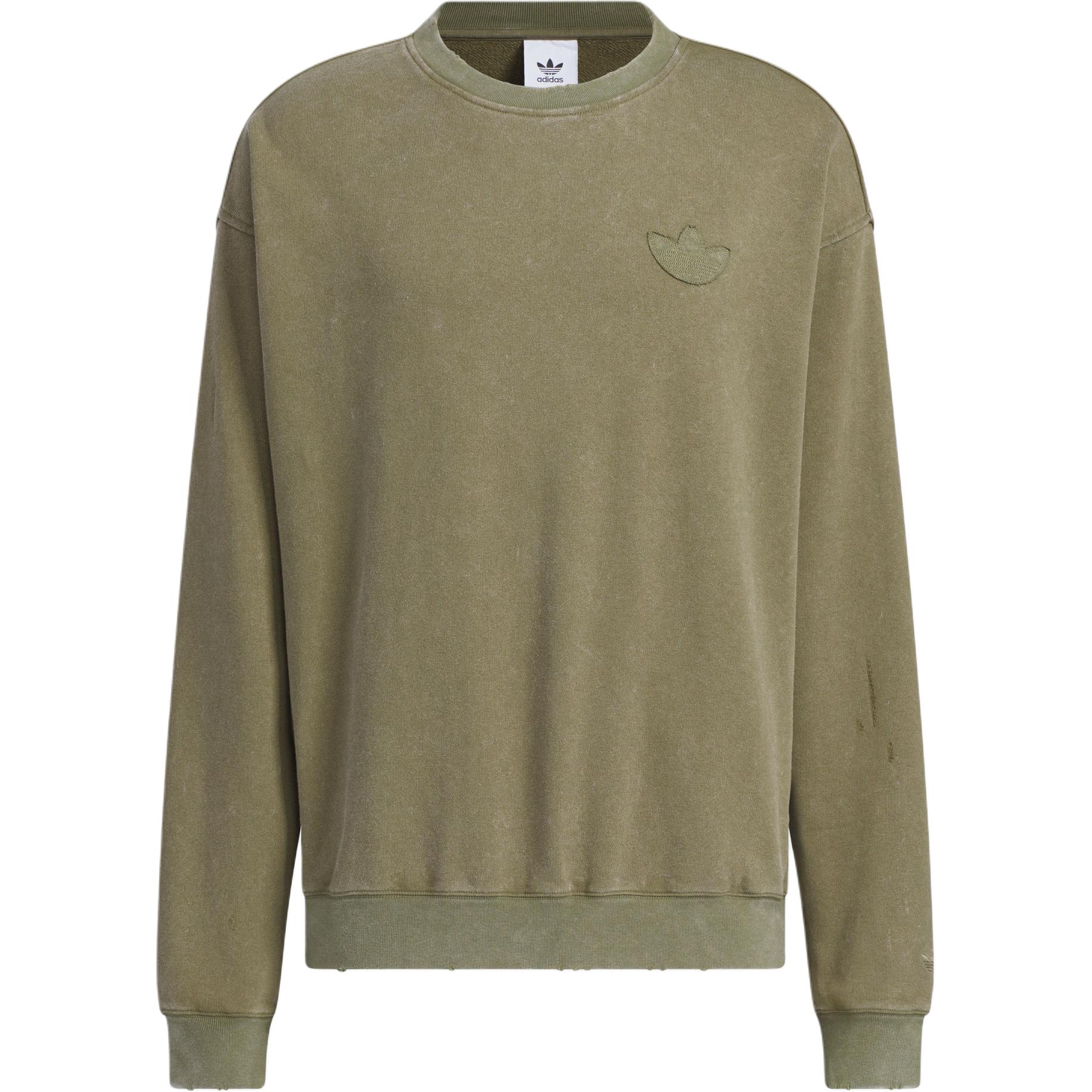 adidas Washed Crew Sweatshirt Olive Green Loose Fit Logo Long Sleeve Pullover JM7288