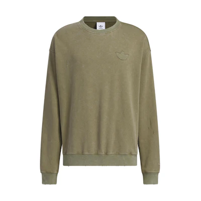 adidas Washed Crew Sweatshirt Olive Green Loose Fit Logo Long Sleeve Pullover JM7288