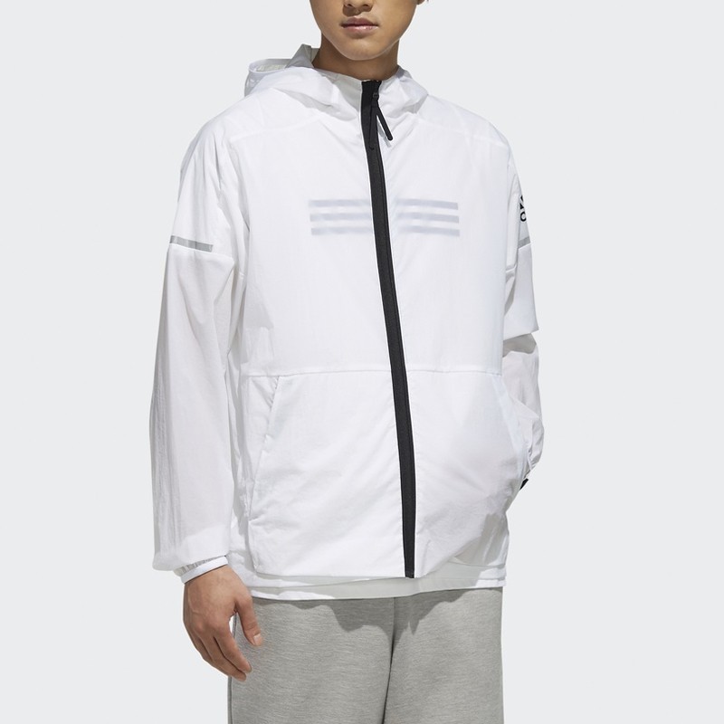 Shop adidas WB 輕盈Logo印花白色織布連帽外套 FI8758
