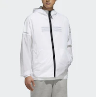 Shop adidas WB 輕盈Logo印花白色織布連帽外套 FI8758