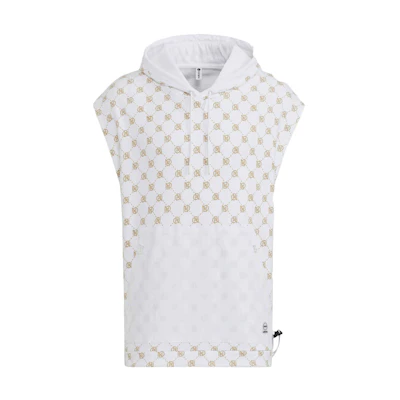 adidas White Full-Print Logo Sleeveless Hoodie Jacket with Zipper Pocket IB5859