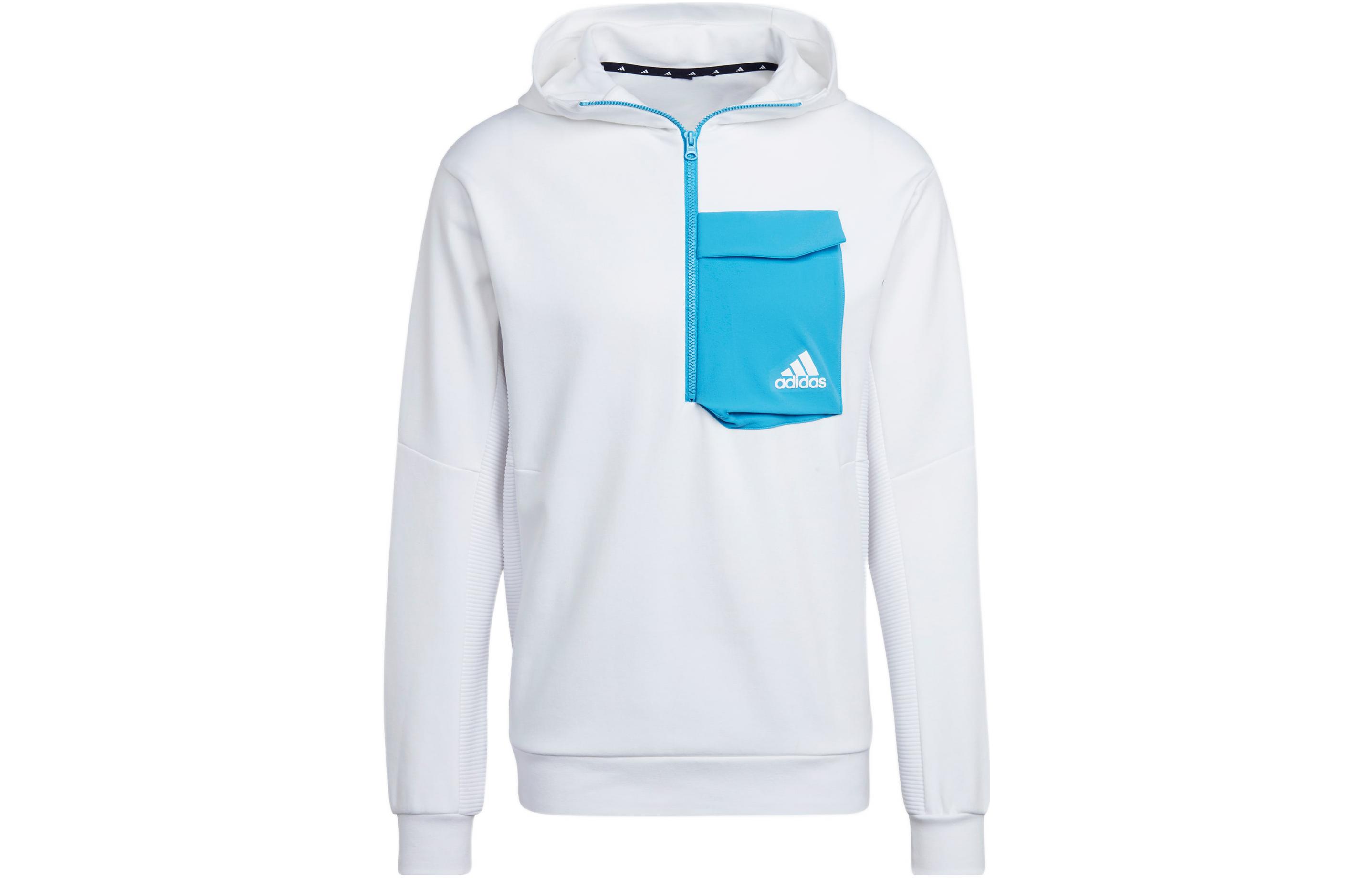 adidas White Half-Zip Hoodie with Chest Pocket & Logo Print Design HL3859