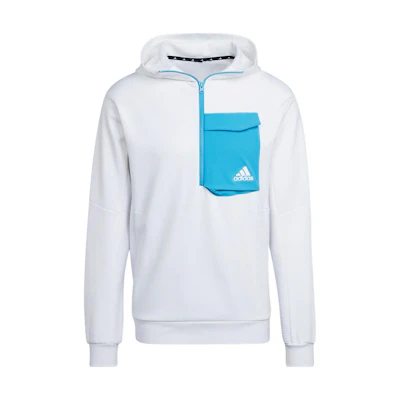 adidas White Half-Zip Hoodie with Chest Pocket & Logo Print Design HL3859