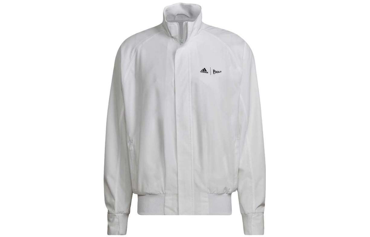 adidas White Jacket with Logo Print and Stand Collar HN7127
