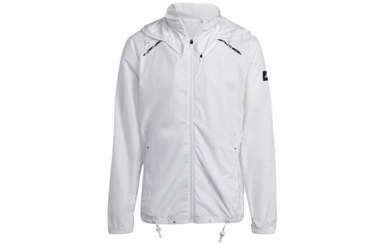 adidas White Long-Sleeve Jacket with Logo Print and Stand Collar HY5450