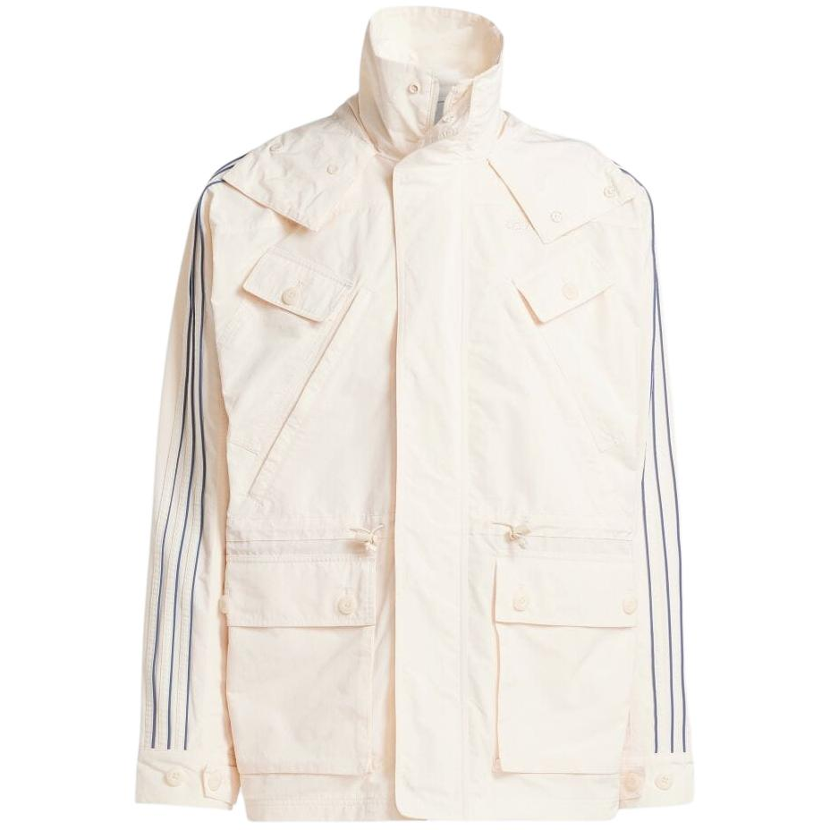 adidas White Outdoor Utility Jacket with Triple Stripes and Multi-Pockets IU0216