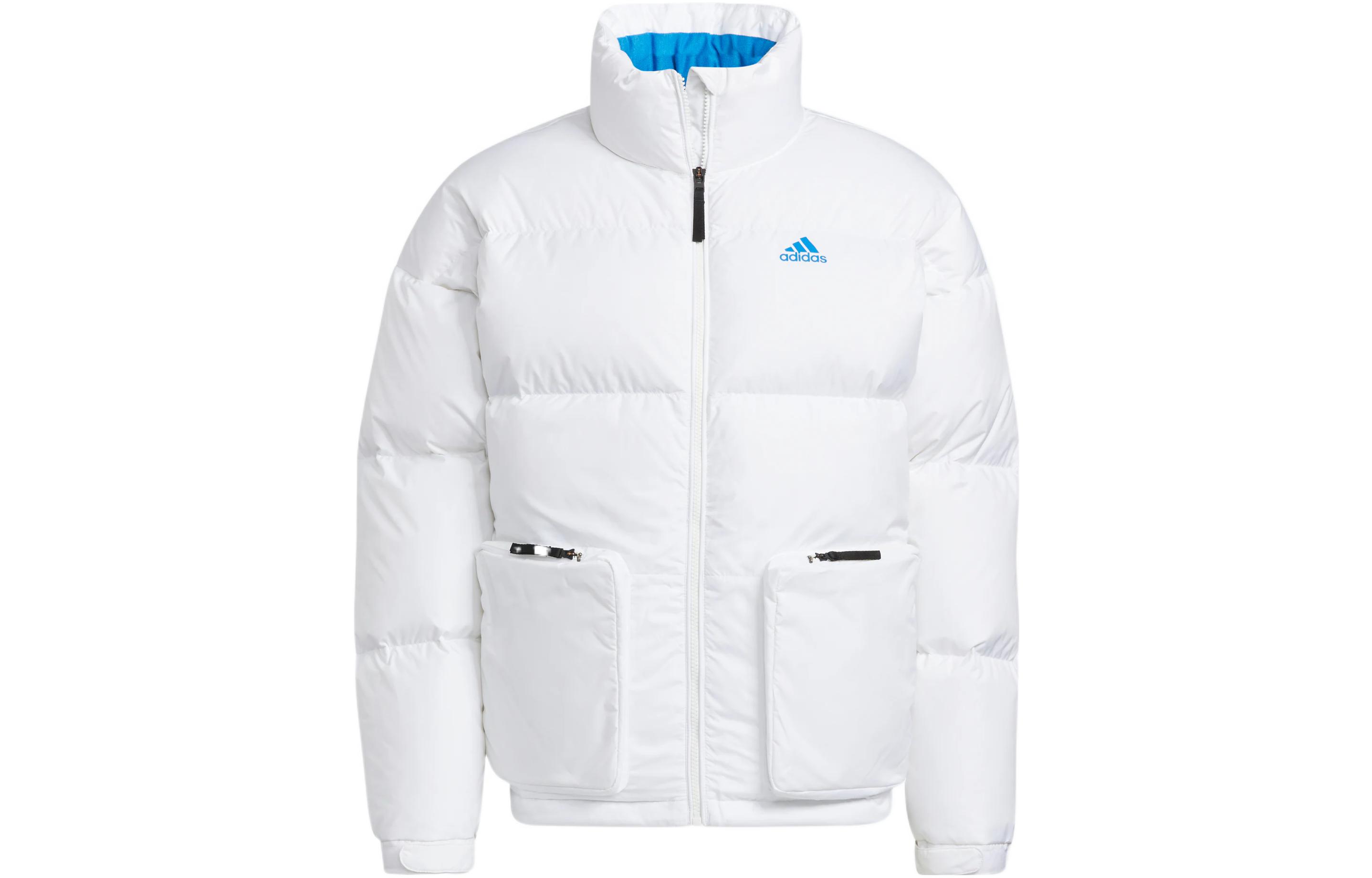 Buy adidas White Puffer Jacket with Zip-Up Stand Collar & Logo Print Unisex. HN2103