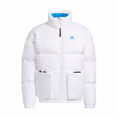 adidas White Puffer Jacket with Zip-Up Stand Collar & Logo Print Unisex. HN2103