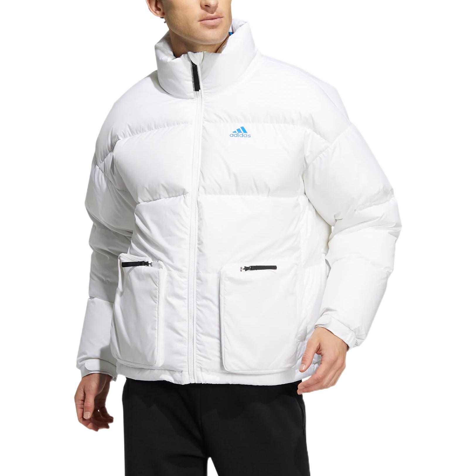 Lookbook adidas White Puffer Jacket with Zip-Up Stand Collar & Logo Print Unisex. HN2103
