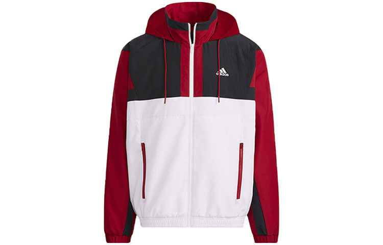 adidas White Red Logo Hoodie Jacket with Zip-Up and Stand Collar H39326