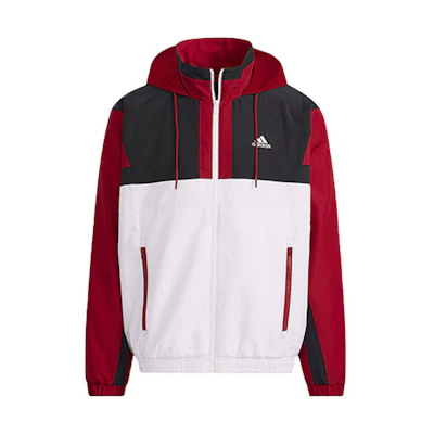 adidas White Red Logo Hoodie Jacket with Zip-Up and Stand Collar H39326