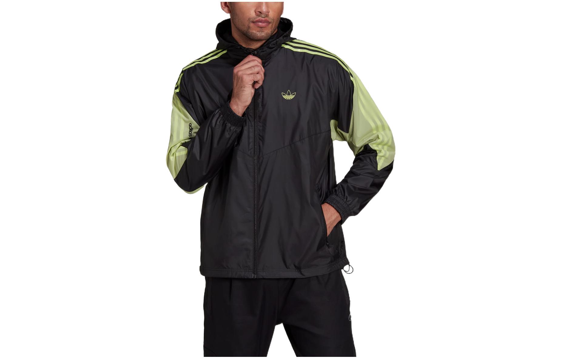 adidas Windbreaker Zipper Hoodie Striped Logo Jacket Black () HE4710