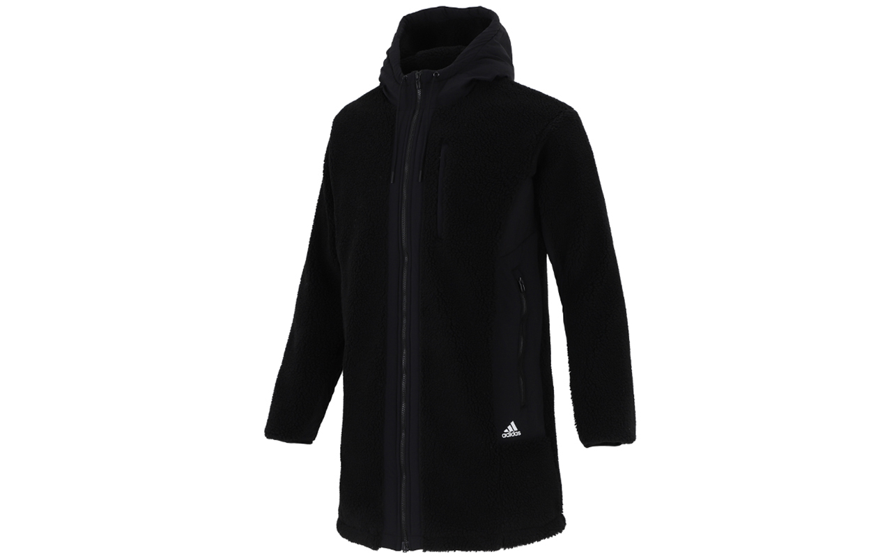 adidas Winter Fleece Hooded Logo Jacket Black Mid-Length Warm Coat H39285