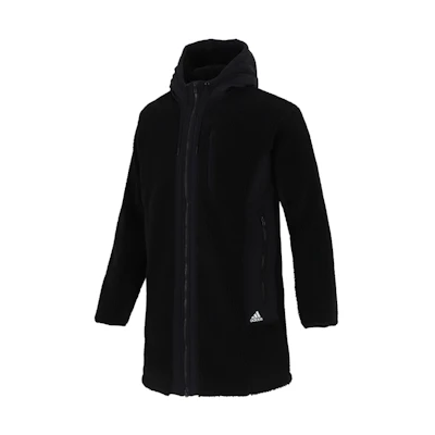adidas Winter Fleece Hooded Logo Jacket Black Mid-Length Warm Coat H39285