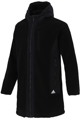 adidas Winter Fleece Hooded Logo Jacket Black Mid-Length Warm Coat H39285 Order adidas Winter Fleece Hooded Logo Jacket Black Mid-Length Warm Coat H39285