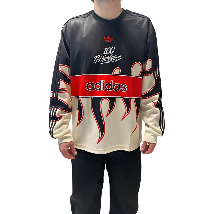 adidas 100 Thieves Black Pullover Sweatshirt - Striped Logo Crewneck Menswear JD8174