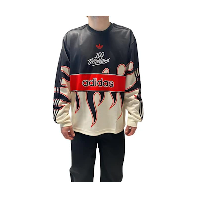 adidas 100 Thieves Black Pullover Sweatshirt - Striped Logo Crewneck Menswear JD8174
