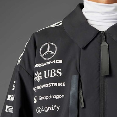 adidas x Mercedes-AMG Petronas F1 Team SS25 Relaxed Fit Black Zip Jacket JX0748 Details for adidas x Mercedes-AMG Petronas F1 Team SS25 Relaxed Fit Black Zip Jacket JX0748