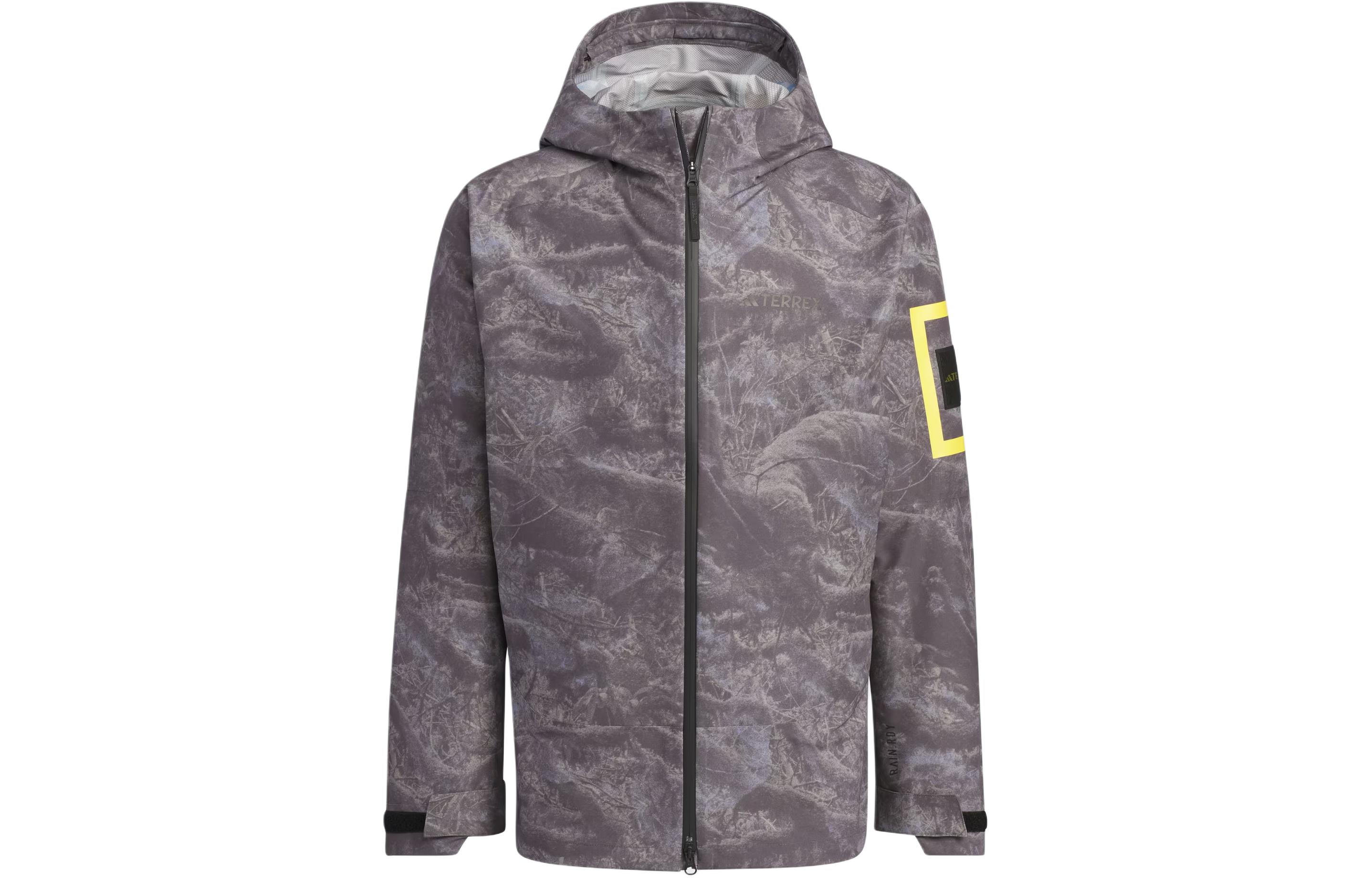 adidas National Geographic Allover Print Waterproof Hiking Jacket Silver IS9512