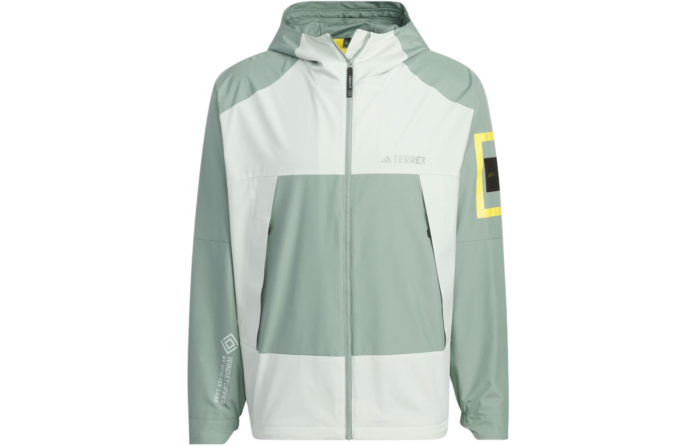adidas National Geographic SS24 Outdoor Windbreaker Hoodie Silver Grey/Green  IS9507