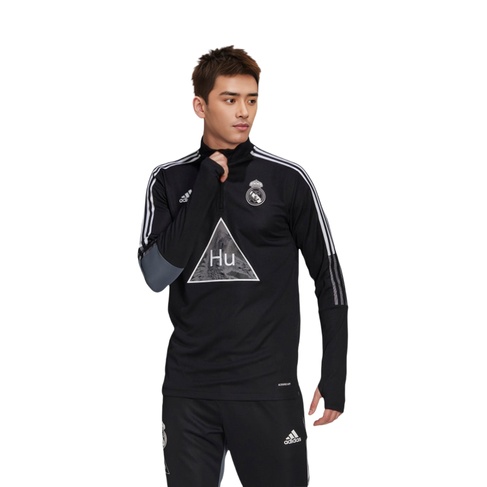 Shop adidas x Pharrell FW22 Real Madrid Striped Half-Zip Pullover Black/Grey GK7841