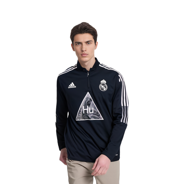 Purchase adidas x Pharrell FW22 Real Madrid Striped Half-Zip Pullover Black/Grey GK7841