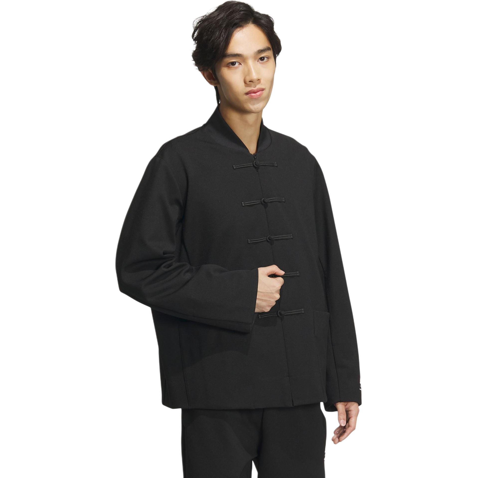 Shop adidas x 楊桂東 FW23 黑色條紋釦式休閒外套 男女聯名款 JE1117