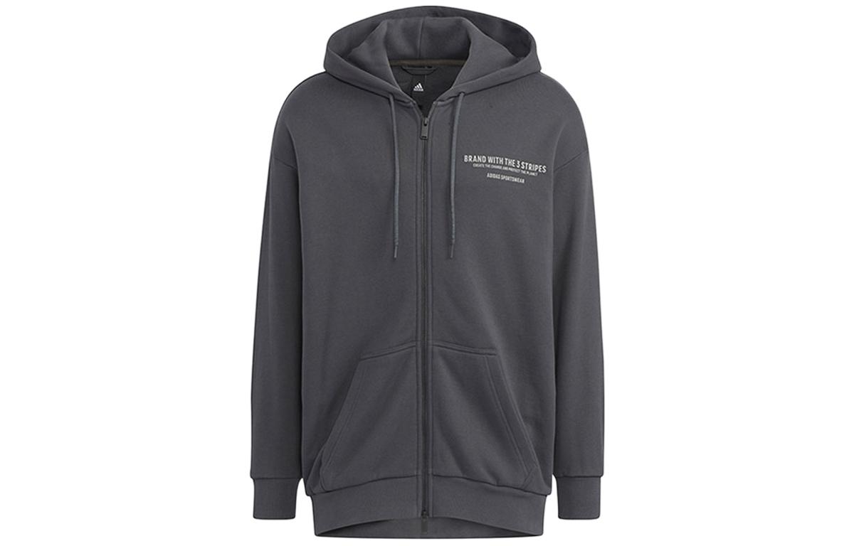 adidas Zip-Up Hoodie with Letter Print and Drawstring - Gray HZ7028
