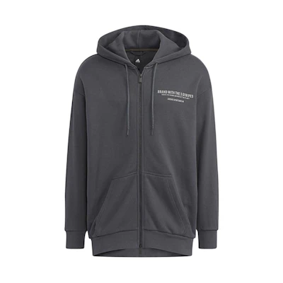 adidas Zip-Up Hoodie with Letter Print and Drawstring - Gray HZ7028