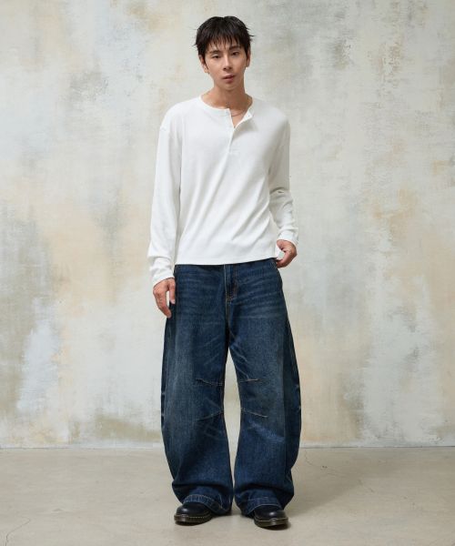 Lookbook Agod Snap Button Curved Pants [Dark Blue] A6SLDP06DB
