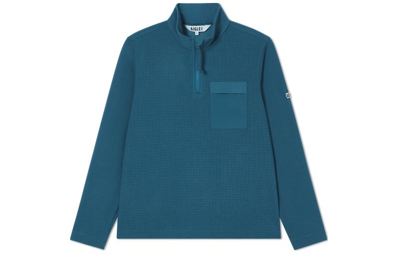 AIGLE Grey-Blue Quarter-Zip Fleece Pullover with Logo Design AJ481