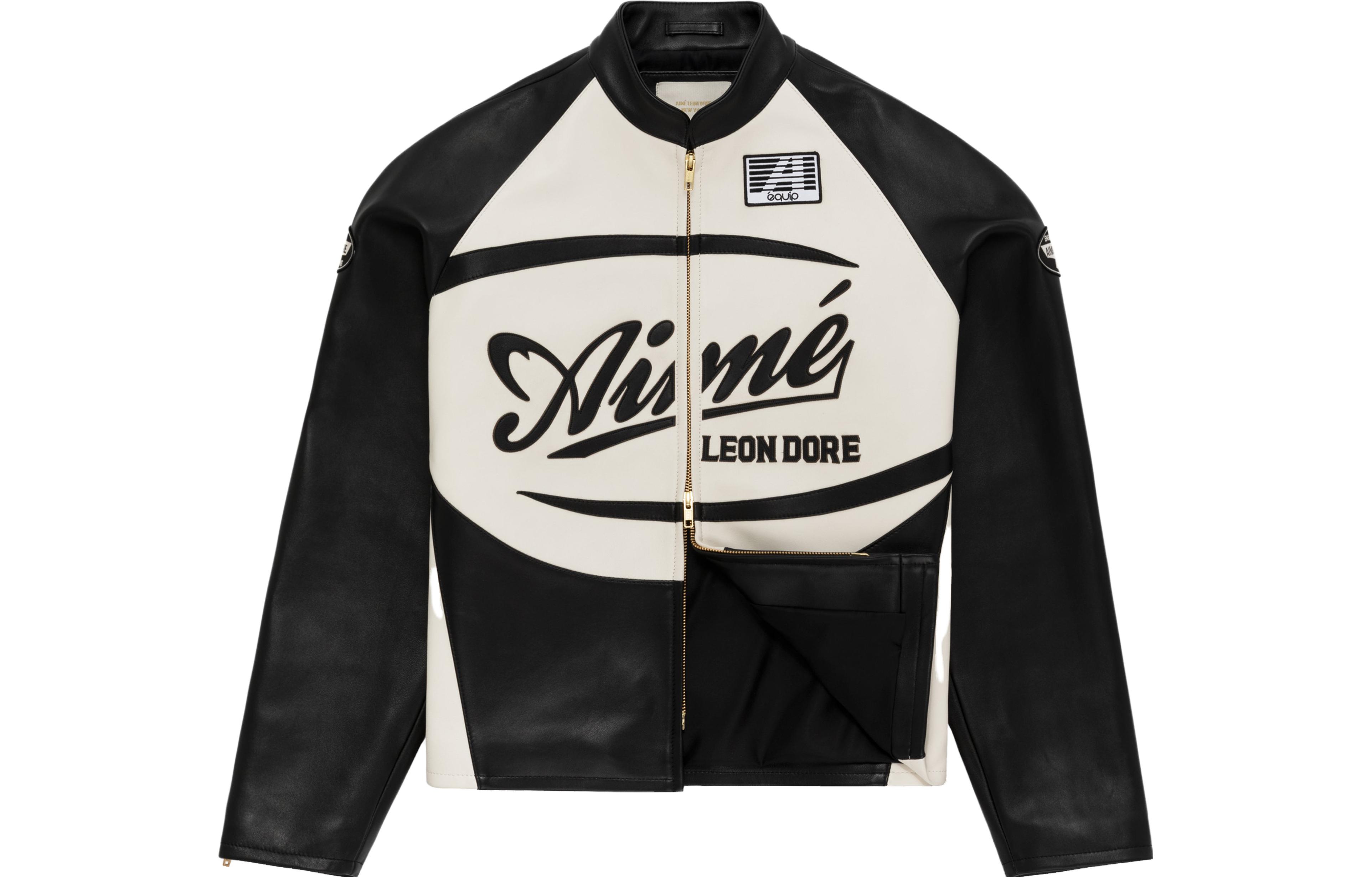 Aimé Leon Dore Black White Leather Jacket with Multicolor Logo & Letter Embroidery SS23WJ021