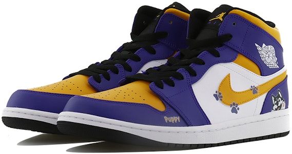 【客製化球鞋】 Jordan Air Jordan 1 Mid 可愛哈士奇 新貴萌寵 中筒 復古籃球鞋 男款 紫黃白 Lookbook 【客製化球鞋】 Jordan Air Jordan 1 Mid 可愛哈士奇 新貴萌寵 中筒 復古籃球鞋 男款 紫黃白