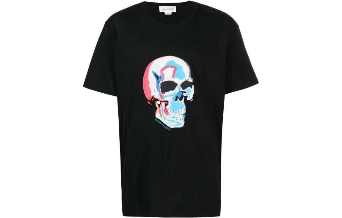 Order Alexander McQueen Kaos Hitam Crewneck dengan Cetakan Tengkorak 750661-QVZ11-0901