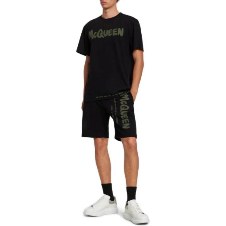 Shop Alexander McQueen  Black Elastic Fit Letter Print Casual Shorts 688717-QTAAB-0519