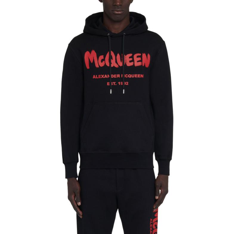 Shop Alexander McQueen  Black Hoodie with Letter Print and Slim Fit Design. 688715-QTAAB-0509