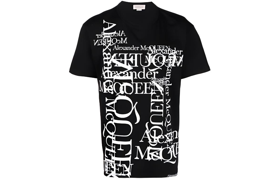 Alexander McQueen  Black Letter Print Crew Neck Casual T-Shirt. 759452-QVZ33-0901