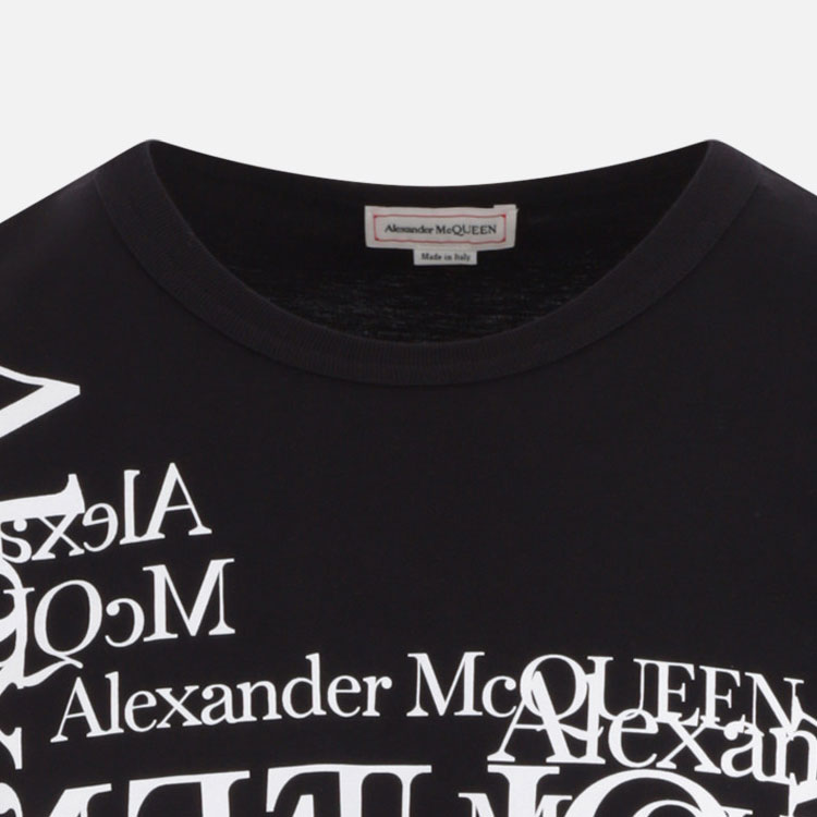Details for Alexander McQueen Kemeja-T Leher Bulat Cetakan Huruf Hitam Kasual. 759452-QVZ33-0901
