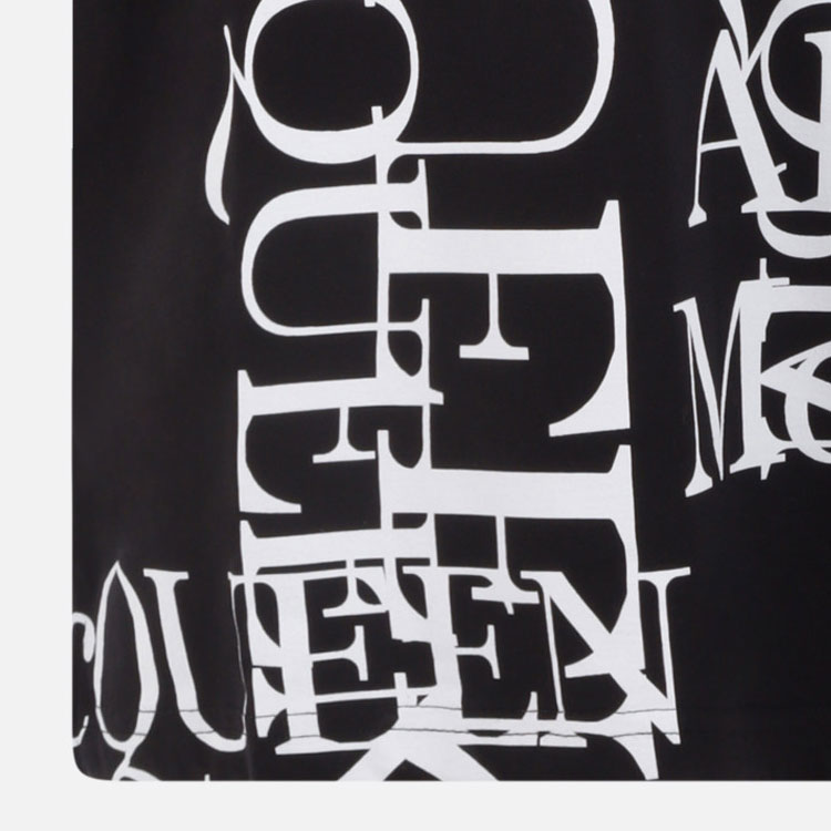 Sizing Alexander McQueen Kemeja-T Leher Bulat Cetakan Huruf Hitam Kasual. 759452-QVZ33-0901